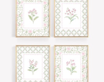 Set of 4 Floral Nursery Print, GrandMillenial Baby Girl Room Decor, Floral Wall Art, Botanical Print Set, CottageCore Art, Livingroom Print,