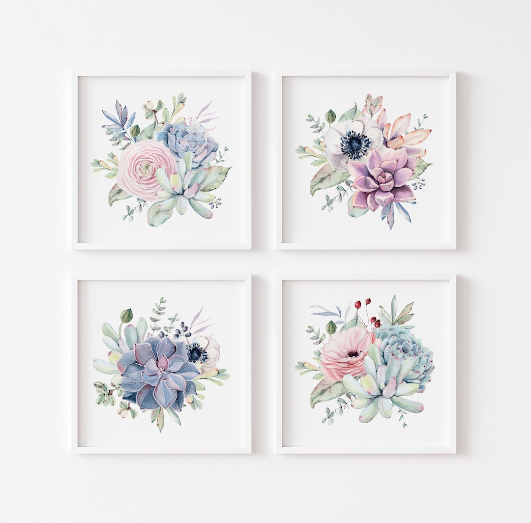 Set of 4 Square Succulent Prints, Botanical Print, Succulent Wall Art ...