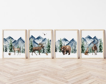 Set of 4 Woodland Animal Prints, Boy Woodland Nursery Prints, Mountain Prints, Nursery Wall Art, Woodland Nursery Decor, Printable Wall Art,