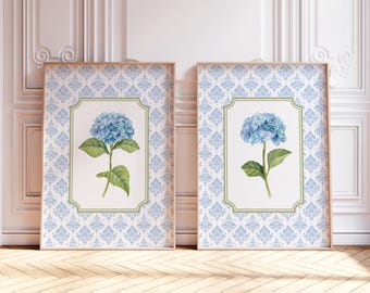 Set of 2 Blue Hydrangea Prints, Chinoiserie Wall Art, Hydrangea Print, Grand Millennial Art, Hydrangea Painting, Botanical Art, Blue Damask,