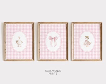 Goose Nursery Prints, Farm Animals, Goose Wall Decor, Gingham, Pink Bow, Farmhouse Art, Girl Nursery Decor, Duck Wall Art, Instant Download,