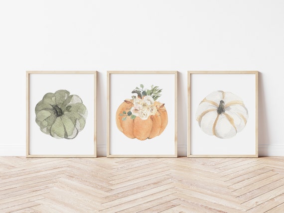 Set of 3 Floral Pumpkin Prints, Fall Decor, Floral Autumn Bouquet, Fall Pumpkin Print, Farmhouse Decor, Living Room Decor, Thanksgiving,