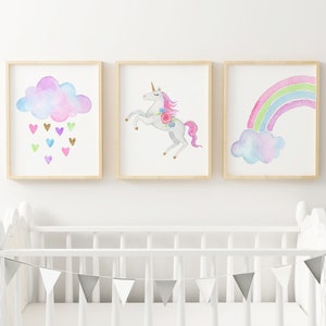 3 Unicorn Nursery Prints, Rainbow Nursery Wall Art, Unicorn Wall Art, Unicorn Nursery, Girls Unicorn Decor, Baby Shower Gift, New Mom Gift,