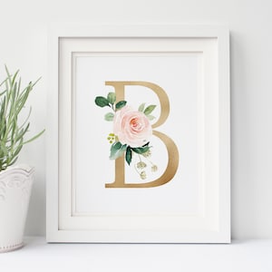 Floral Pink Gold Letter B Print, First Initial, Monogram, Nursery Wall Decor, Watercolor Flowers, Floral Nursery Wall Art, Digital Download,