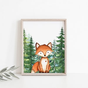 May include: A watercolor painting of a fox in a forest setting. The fox is orange and white with a small heart on its chest. The forest is green and blue with tall pine trees.