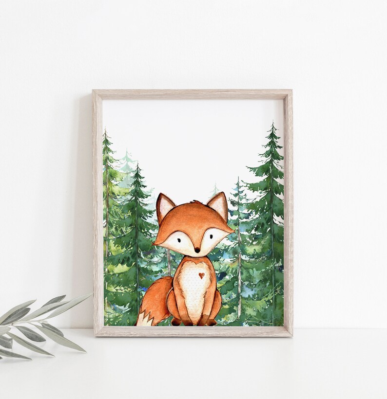 May include: A watercolor painting of a fox in a forest setting. The fox is orange and white with a small heart on its chest. The forest is green and blue with tall pine trees.