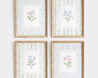 Set of 4 Floral Nursery Print, Grand Millennial Baby Girl Room Decor, Floral Wall Art, Botanical Nursery Print Set, Pink and Blue Pastel,