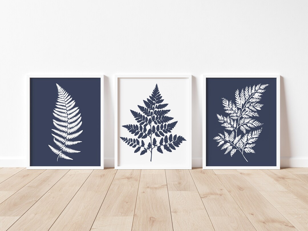 Set of 3 Fern Leaf Prints, Modern Botanical Prints, Navy Wall Art, Leaf ...