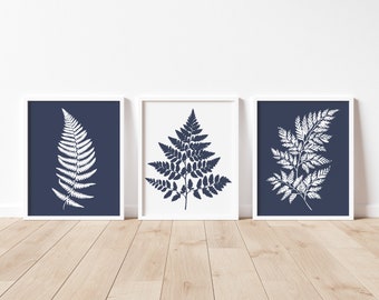 Juego de 3 impresiones de hojas de helecho, impresiones botánicas modernas, arte de pared azul marino, arte de pared con impresión de hojas, impresiones de arte de follaje, regalo de decoración del hogar, impresiones de la naturaleza,