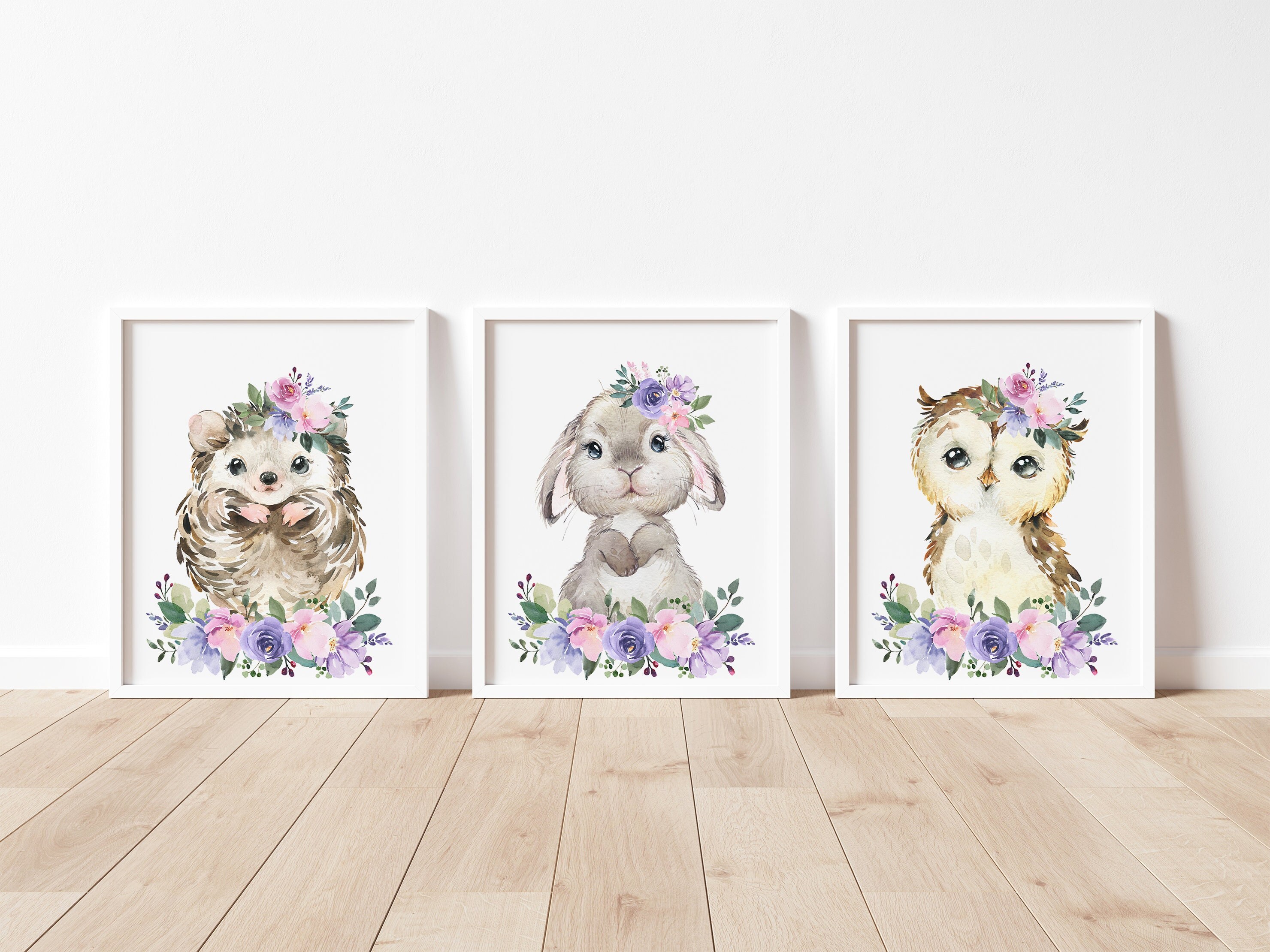 Baby Girl Nursery Wall Art, Lavender Pink Floral Prints, Woodland Animal Prints, Girls Room Decor, Nursery Animal Print, Hedgehog, Bunny Owl
