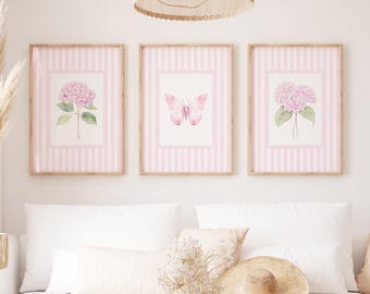 Set of 3 Pink Hydrangea Prints, Pink Stripes, Chinoiserie Wall Art, Pink Butterfly, Grand Millennial Art, Hydrangea Painting, Botanical Art,
