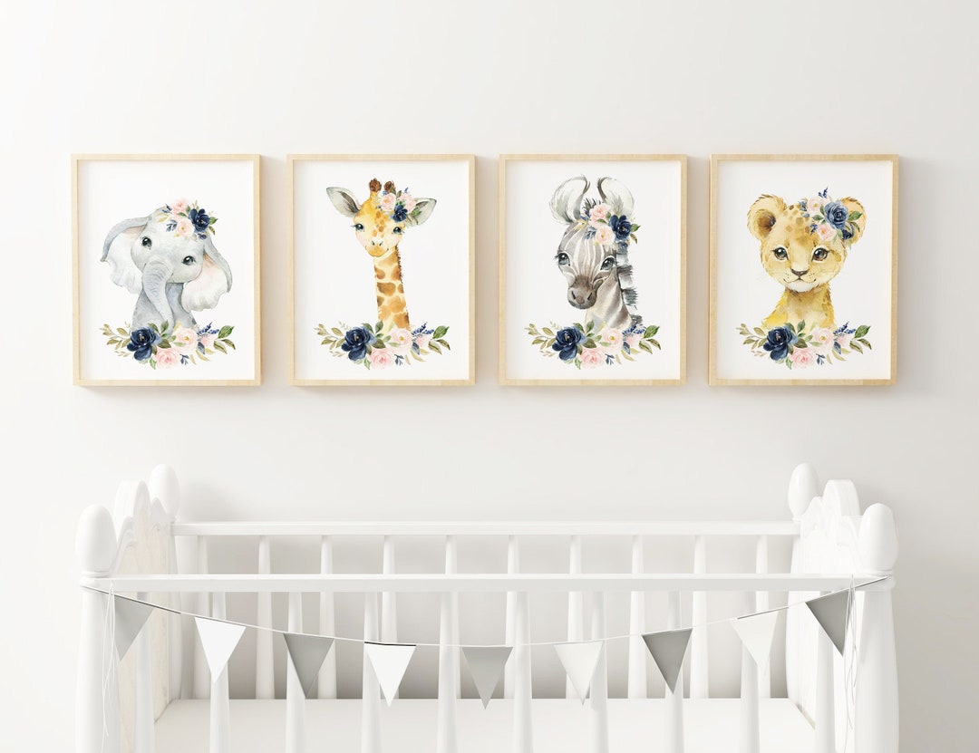 4 Blush Pink Navy Floral Safari Animal Prints, Nursery Wall Decor ...
