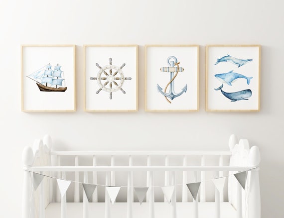 Set Of 4 Baby Boy Nautical Nursery Wall Art Printable Blue Etsy