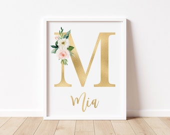 Impresión personalizada del nombre del bebé, estampados florales de la guardería, guardería de la niña, letra dorada, floral de acuarela rosa, decoración de la pared de la guardería, nombre personalizado