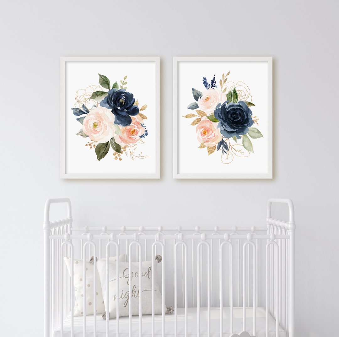 Set of 2 Pink Navy Floral Prints, Floral Nursery Wall Art, Girl Nursery ...