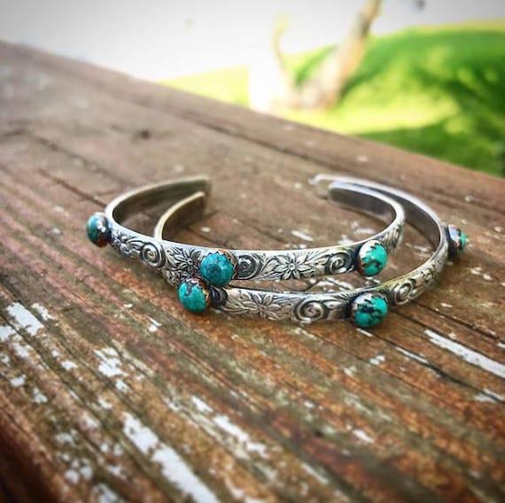 Sterling Silver Floral Engraved Cuff Bracelet With Turquoise Set