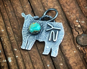 Sterling Silver Livestock Charm // Heifer Charm // Genuine Turquoise // Ranch Brand // Cattle Brand // Sterling Chain Included // Stockshow