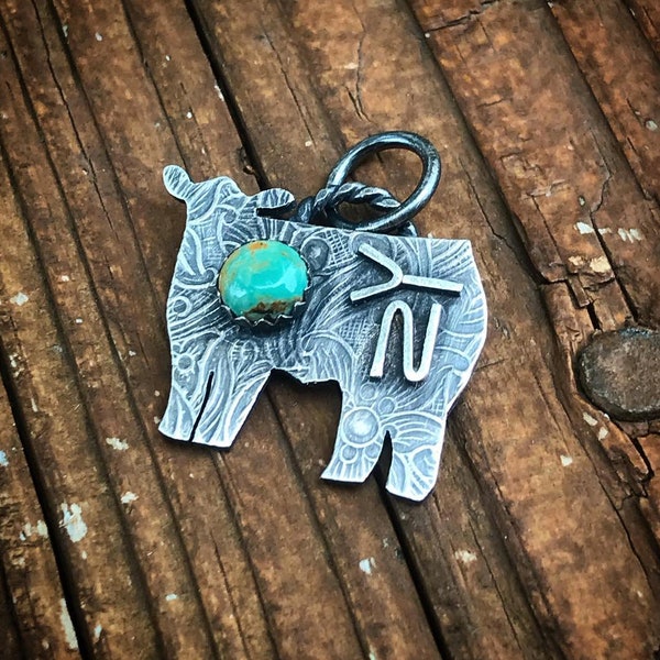 Sterling Silver Livestock Charm // Heifer Charm // Genuine Turquoise // Ranch Brand // Cattle Brand // Sterling Chain Included // Stockshow