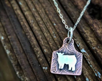 Copper and Sterling Eartag Heifer Necklace