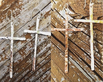Hand Hammered Sterling and Copper Cross Earrings