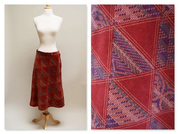 1970s Velveteen A Line Skirt Vintage Rust Midi Ski