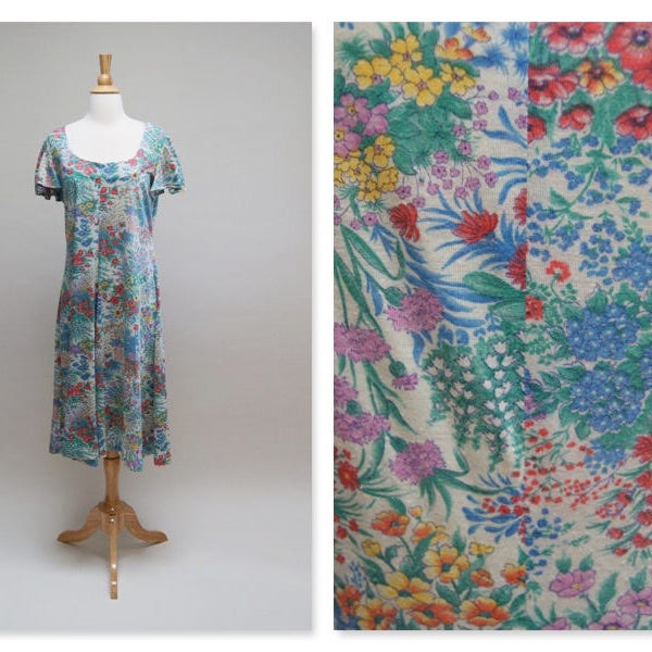 Vintage 70s Floral Festival Dress Vintage 1970s Flutter Sleeve Midi Dress Boho Dress
