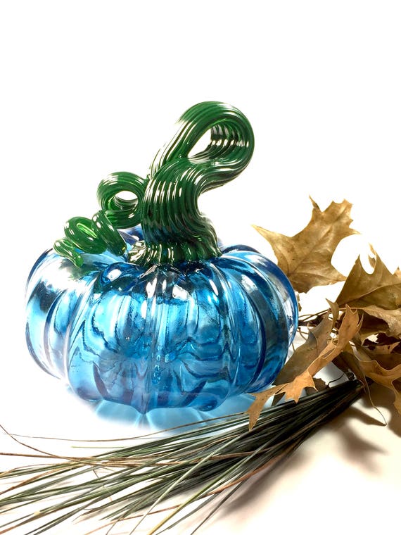 Large Blue Hand Blown Glass Pumpkin with Dark Stem | Etsy