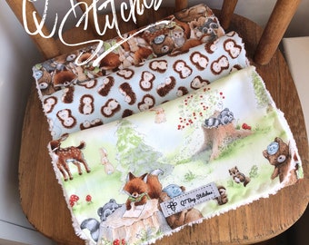 Camp Animal Friends Cotton Chenille Burp Cloth Set, Handmade Gift, Ready To Ship,  Woodland Animal Triple Layer Burp Set, Ready To Ship,