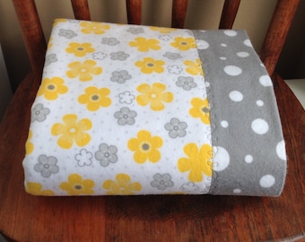 Daisy Floral Flannel Baby Blanket,Handmade Shower Gift,Yellow & Gray Modern Flowers And Polka Dots Receiving Blankets,Infant Nursery Bedding
