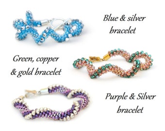 Beaded kumihimo Great Wave bracelets - Blue and silver; Green, copper and gold; Purple and silver - toggle clasps