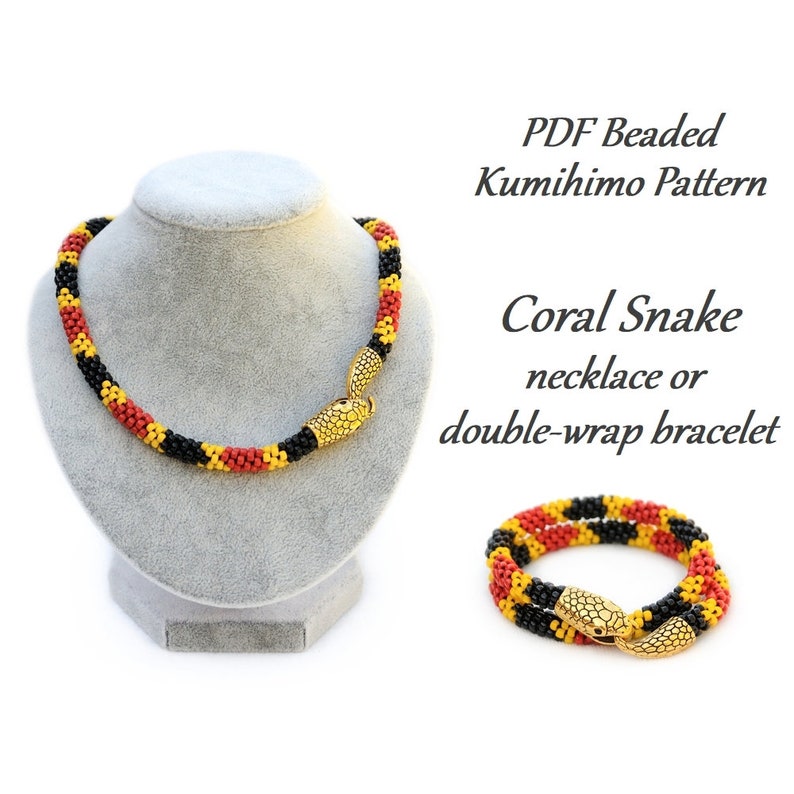 PDF Beaded Kumihimo Pattern Coral Snake Kumihimo necklace / double-wrap bracelet image 1