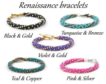 Beaded Kumihimo Renaissance bracelets - Black and Gold; Violet and Gold; Teal and Copper; Turquoise and Bronze; Pink and Silver