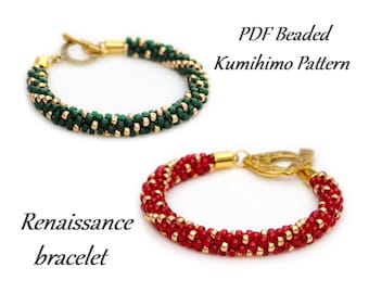 Puede incluir: Dos pulseras de cuentas, una verde y dorada, la otra roja y dorada, con un cierre dorado.  Patrón de Kumihimo de cuentas PDF Pulsera renacentista.