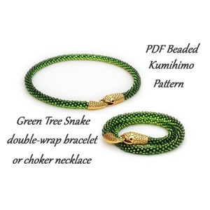 PDF Beaded Kumihimo Pattern - Green Tree Snake Kumihimo double-wrap bracelet / choker necklace