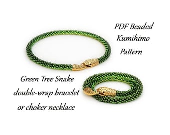 PDF Beaded Kumihimo Pattern - Green Tree Snake Kumihimo double-wrap bracelet / choker necklace
