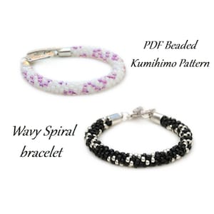May include: Two beaded bracelets. One is white with pink accents, the other is black with silver accents. Both have silver clasps. Text reads "PDF Beaded Kumihimo Pattern" and "Wavy Spiral bracelet."
