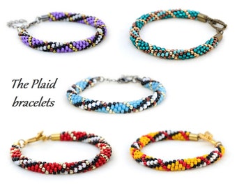 Beaded kumihimo The Plaid bracelets - Blue, Purple, Teal, Red, Yellow