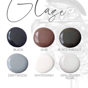 May include: Glaze paint color samples in six colors: black, java, black walnut, driftwood, whitewash, and opalescent pearl. The Wise Owl Paint logo is at the bottom of the image.