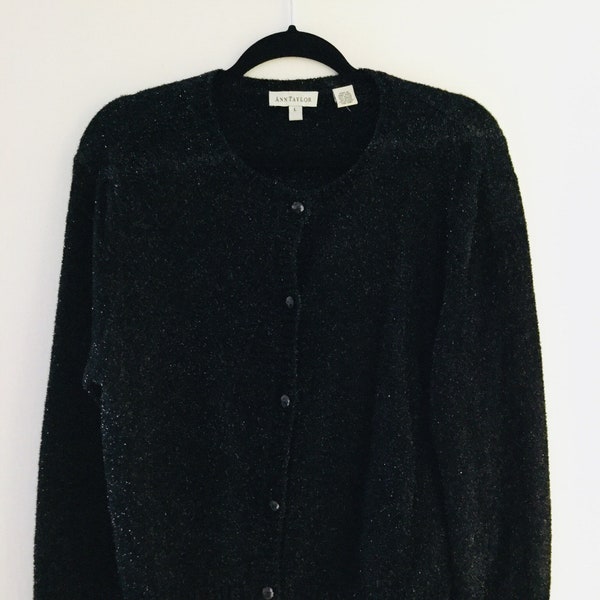 Size 8, 90s Vintage ANN TAYLOR Black & Silver Glitter Fleck Cardigan