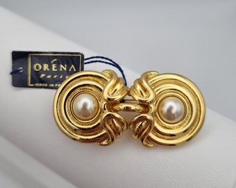 Oréna Paris, 80s new vintage faux pearls gold plated brooch