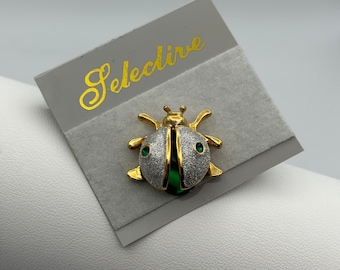 Selective, 80s new vintage silver glitter, green crystal & gold plated ladybird lapel pin