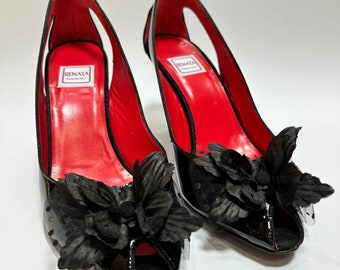 Renata, 80s vintage black patent leather & suede peep toe butterfly court shoes, made in Italy, size 39