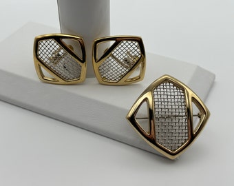 Bergdorf Goodman, 80s vintage gold plate & silver mesh clip on earrings and brooch set