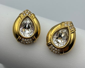 Swarovski, 80s vintage clear crystal & gold plated clip on teardrop earrings