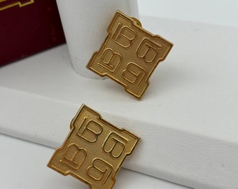 Laura Biagiotti, 80s vintage matte gold square logo clip on earrings, in original box