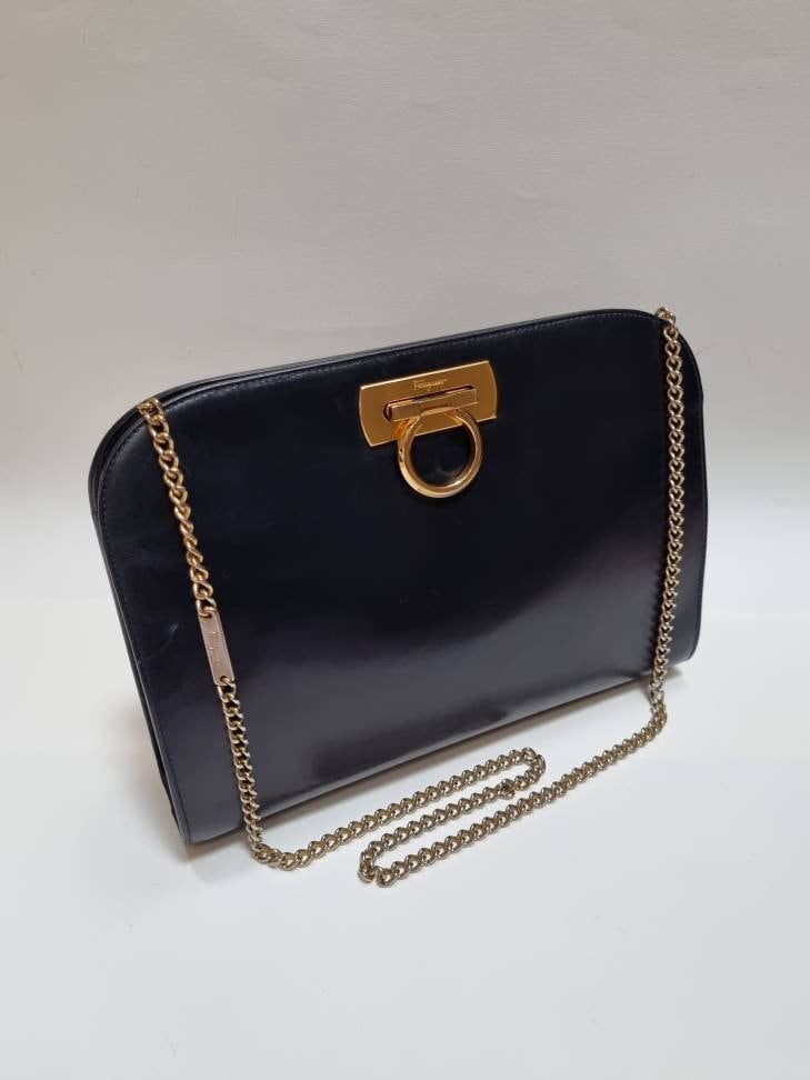 Salvatore Ferragamo Bag Ladies Handbag Double Gancini Leather Black