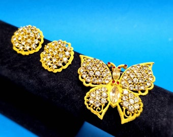 Weiss, 60s vintage yellow enamel & crystal butterfly brooch and clip on earrings set