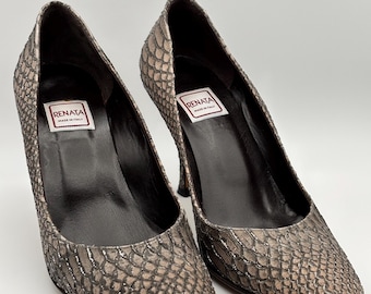 Renata, 80s vintage brown snakeskin with silver glitter court shoes, made in Italy, size 37