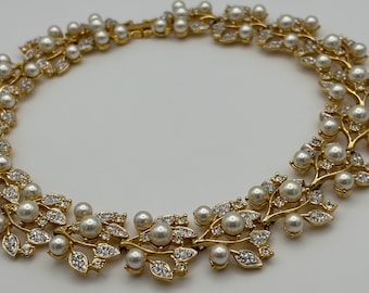 80s vintage faux pearls & crystal choker necklace