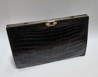 80s vintage black croc print leather clutch bag, made in France